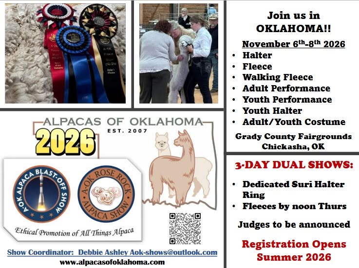 A-OK Alpaca Blast-Off Show &
A-OK Rose Rock Alpaca Show
Grady County Fairgrounds & Event Center &bull; 500 E Choctaw Ave, Chickasha OK 73018