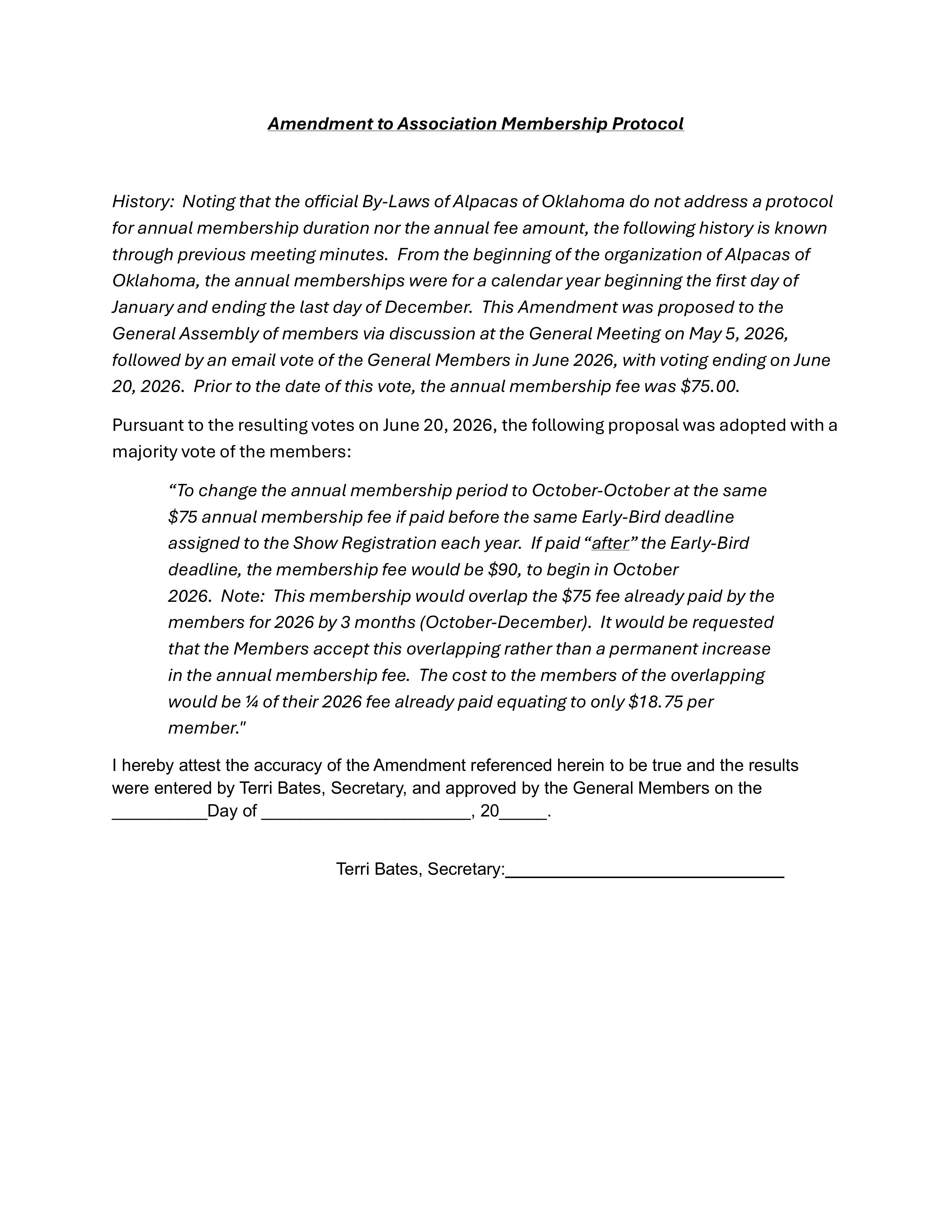 Amendment to Association Membership Protocol 